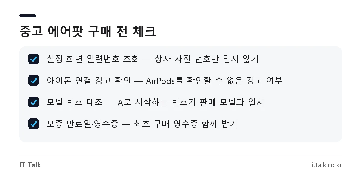 중고 에어팟 구매 전 일련번호, 가품 경고, 모델 번호, 영수증을 확인하는 체크리스트