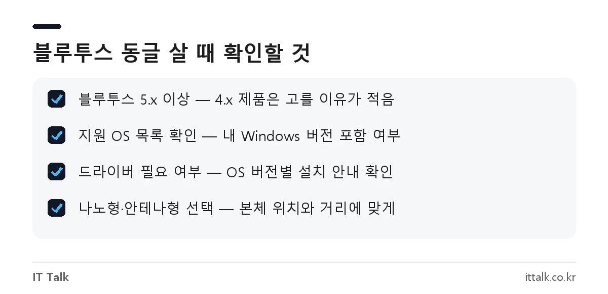 블루투스 동글 고르는 기준 체크리스트: 블루투스 버전, 지원 OS, 드라이버 필요 여부, 형태
