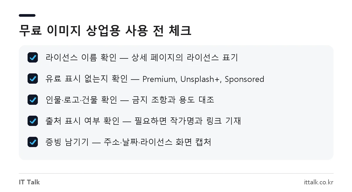 상업용 무료 이미지를 쓰기 전 라이선스와 유료 표시, 인물·로고 확인 체크리스트