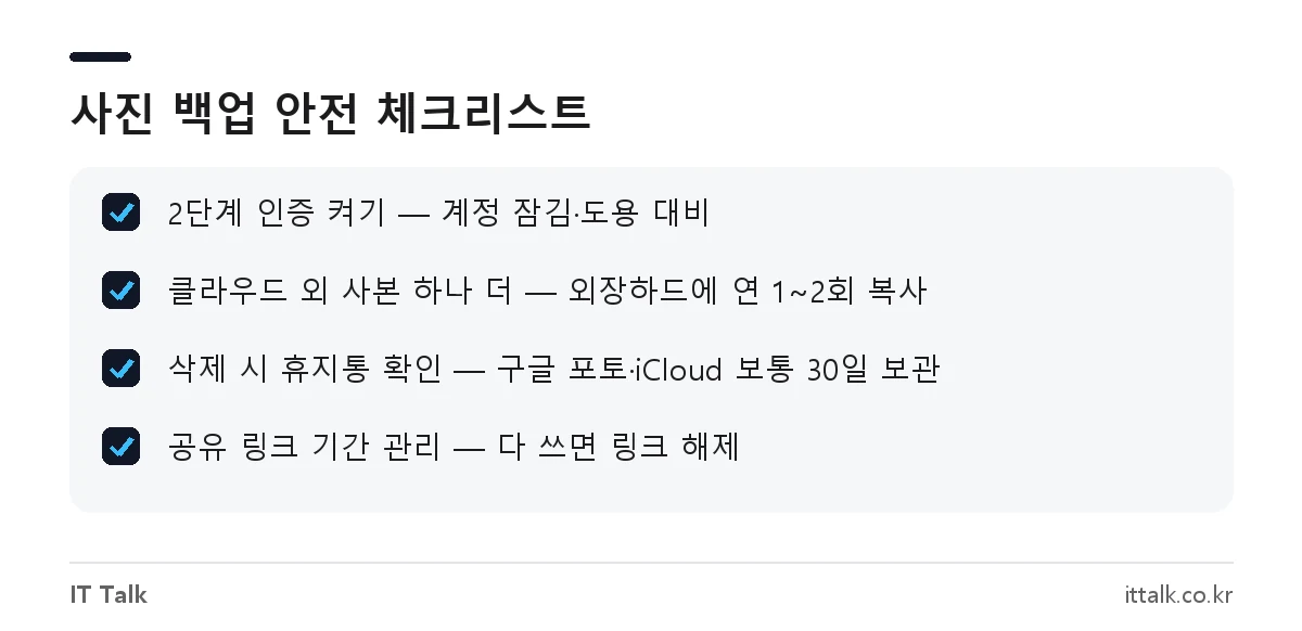 사진 백업 클라우드 사용 시 2단계 인증, 외장하드 사본, 휴지통 30일 확인 체크리스트