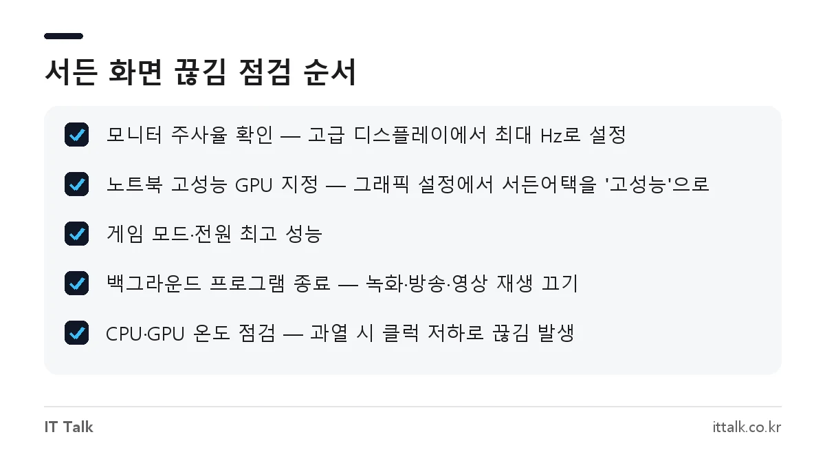 서든어택 화면 끊김 해결 체크리스트 - 모니터 주사율, 노트북 고성능 GPU, 게임 모드, 백그라운드, 온도